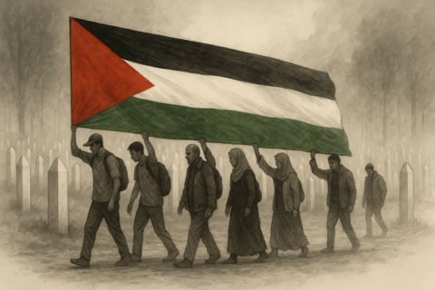 Participants of the peace march bring large Palestinian flag into the memorial center Participants of the peace march bring large Palestinian flag into the memorial center